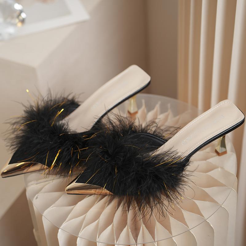 Женские теплые плюшевые туфли-мюли с острым носком и высоким каблуком, зимние, тапочки, корейский дизайн, тонкий каблук, новые шлепанцы, туфли-лодочки, zapatos mujer