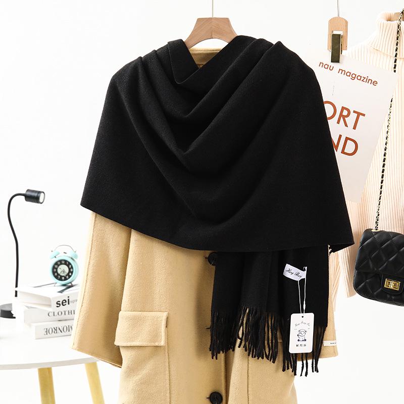 Women's Warm Wool-Feel Faux Cashmere Scarf - Thick, Plain Color Shawl for Autumn/Winter