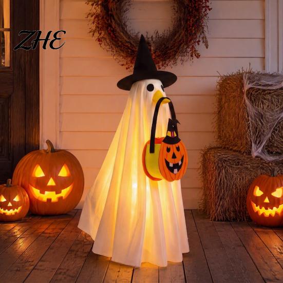 Light Up Halloween Outfit Glowing Ghost Costume with Witch Hat & Pumpkin Tote Bag, LED Theme Party Fabric for Kids, Spooky Cosplay And Yard Decoration