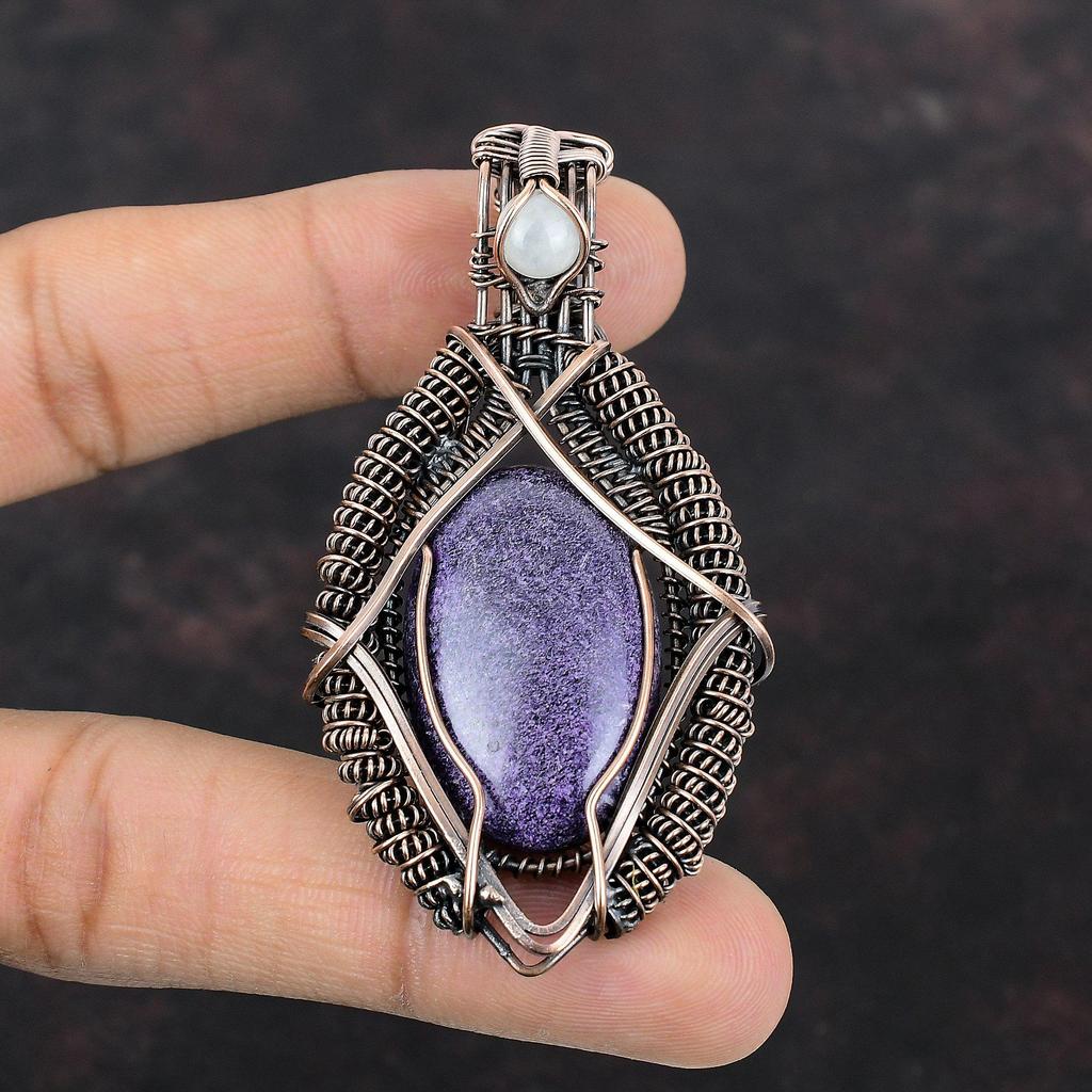 Пурпуритовый кулон, медная проволока, кулон, Радужный лунный камень, проволочная обертка, ювелирные изделия, уникальный кулон из медной проволоки, драгоценный камень, кулон ручной работы, подарок