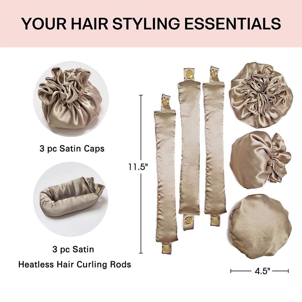 3Sets/6PCS Ariuvor Satin Heatless Hair Rollers for Overnight Curls, Soft Headband Rods with Hair Caps for All Hair Types (3-golden)