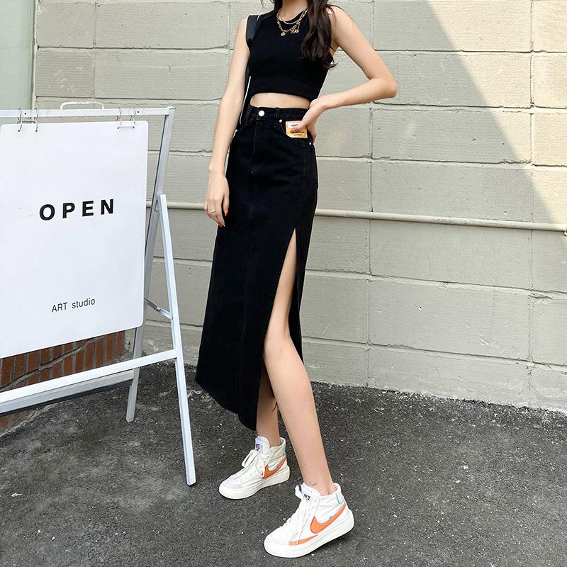 2021 Women's High Waist Slim Fit Denim Midi Skirt with Side Slit