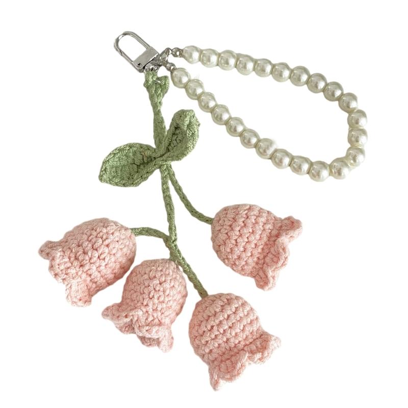Привлекательный вязаный крючком брелок с цветком, вязаная сумка с цветочным принтом ручной работы, подвеска с жемчугом, очаровательные украшения для ключей и рюкзаков