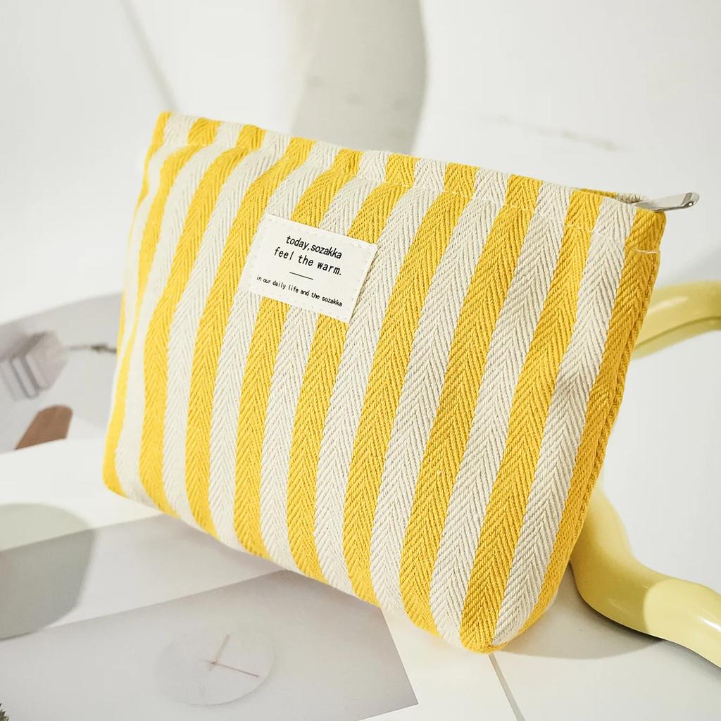 Women Stripe Comestic Case Clutch Pouch Canvas Makeup Storage Bag Women Handbag Portable Toiletry Travel Organizer Case
