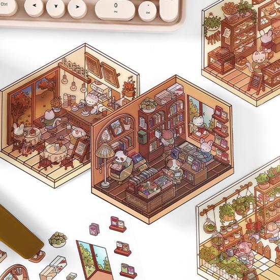 4 Set 3D DIY House Scene Stickers Stress Relief Decals Supermarket Coffee Shop