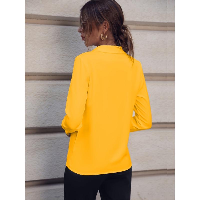 YYFS Women's Fashion Casual Spring Fall Solid Color Print Long Sleeve POLO Neck Blouses & Shirts