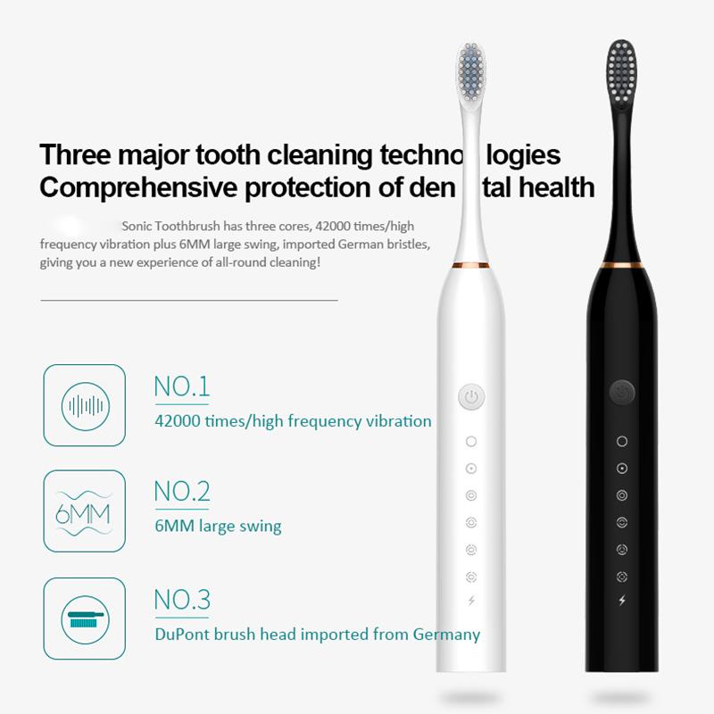Electric Toothbrush Ultrasonic Toothbrush 6 Modes USB Fast Rechargeable IPX7 Waterproof Smart Electric Toothbrush