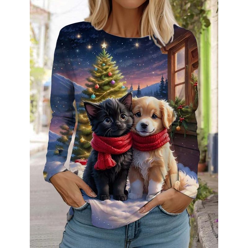 Модная рождественская женская футболка с длинным рукавом Повседневная рождественская Милая кошка и собака Праздничные подарки Топы Harajuku Animal Женская одежда