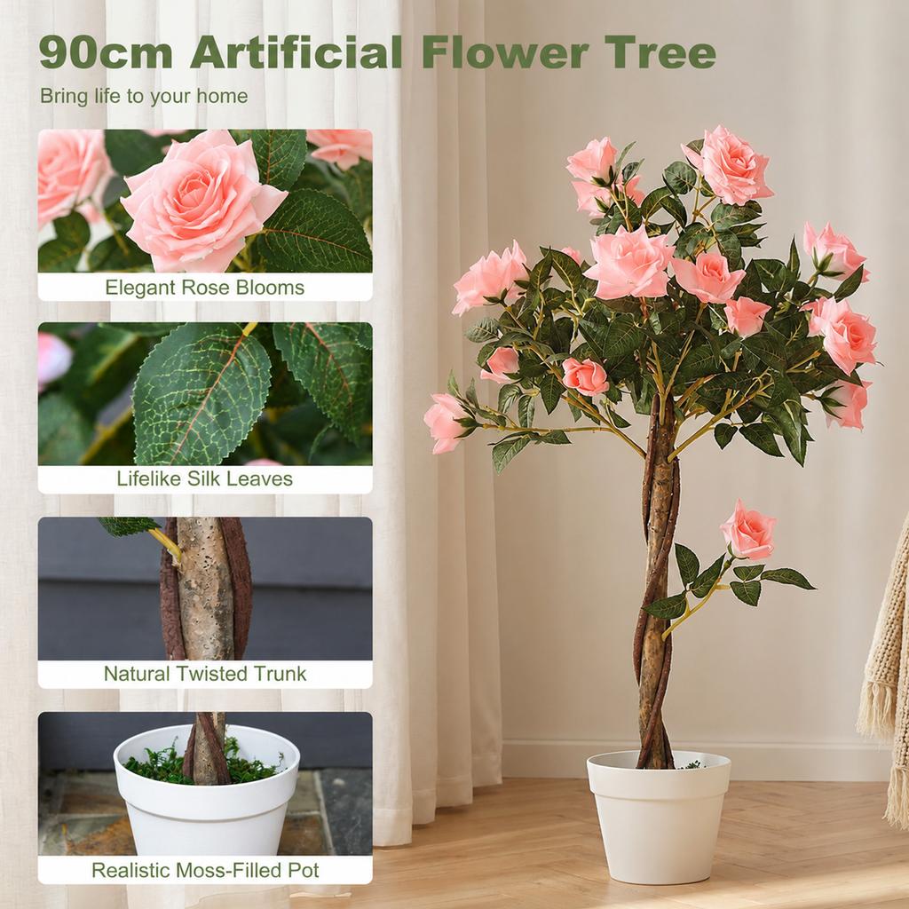 Artificial Plants Pink Rose Floral In Pot Fake Plants For Home Indoor Decor 90cm