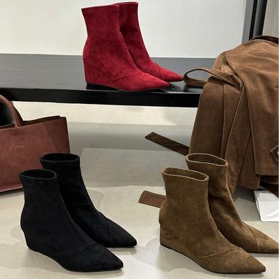 Корейские остроносые бордовые тонкие ботильоны на толстом каблуке 2025 новые весенне-осенние одинарные ботильоны ретро короткие ботильоны на низком каблуке