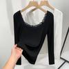 Threaded Bottomed Shirt Women's New Women's Clothing Lace Lace Splicing Square Collar Inner Long Sleeve Waist Top