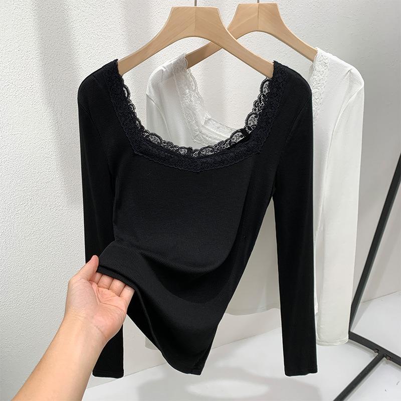 Threaded Bottomed Shirt Women's New Women's Clothing Lace Lace Splicing Square Collar Inner Long Sleeve Waist Top