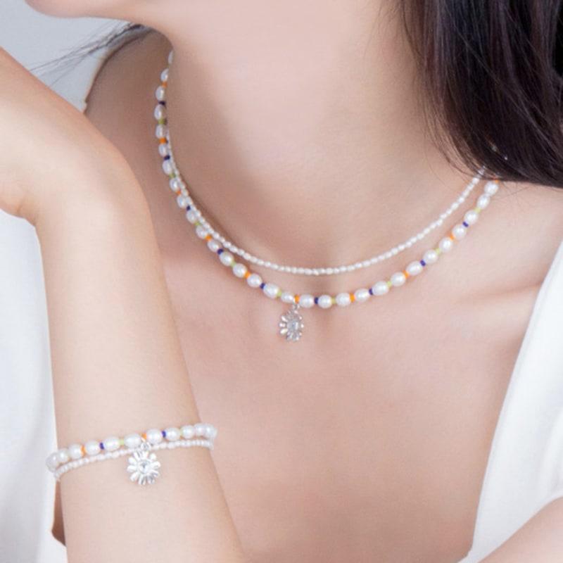 AUGUST ALICE Seed Freshwater Pearl Daisy Flower Bracelet_silver