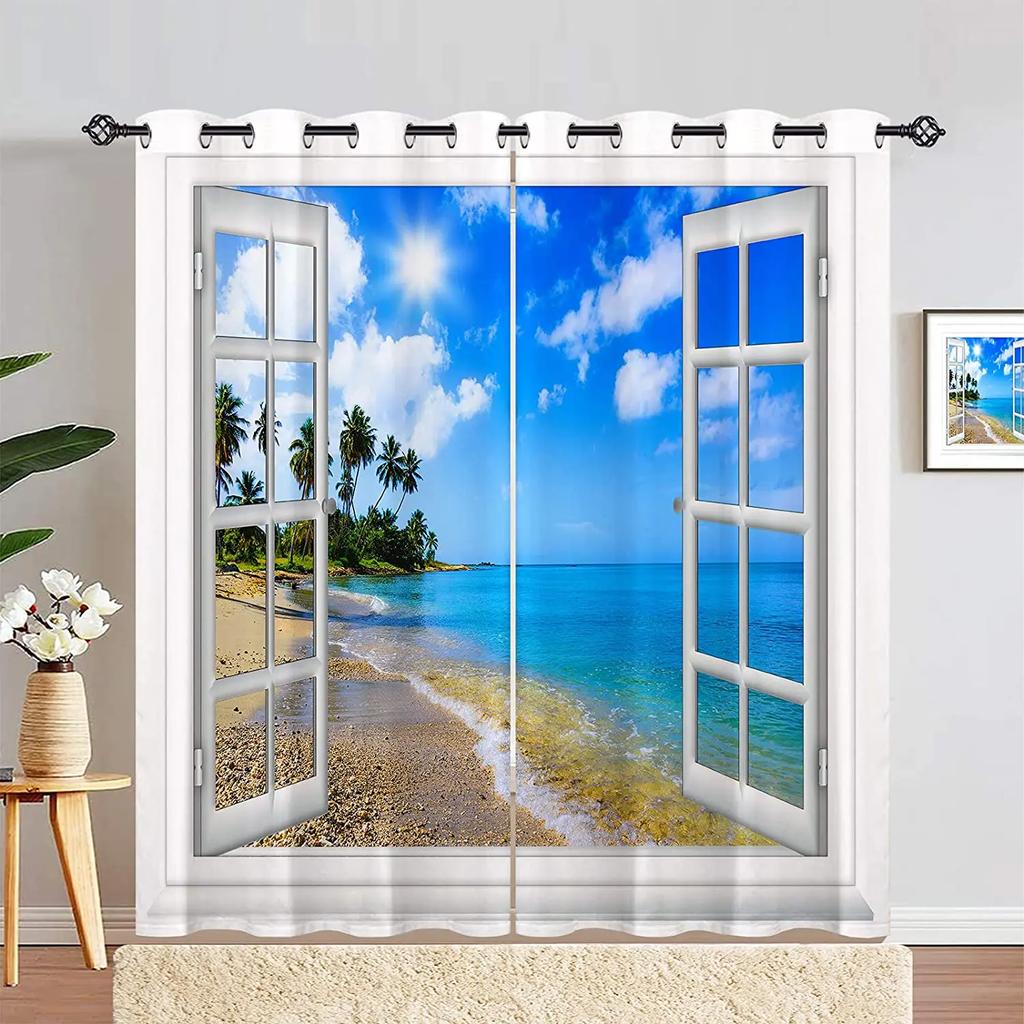 Nature Landscape Scenery Curtains for Bedroom, Window Panels with Garden, Pink White Flowers, Waterfall Lake Scene Print Pattern