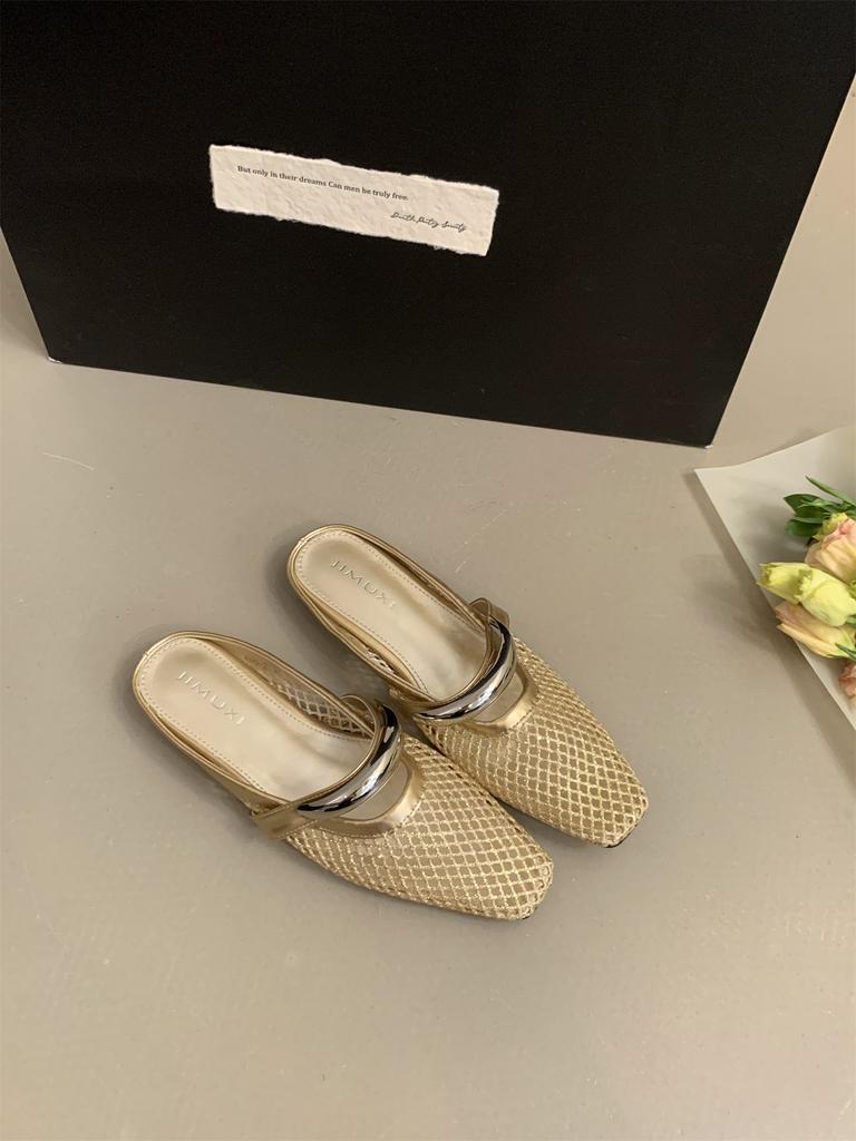 Fashion Women Mesh Ballet Flats Fishnet Ballerina Flats Buckle Strap Slip On Ballerina Shoes Summer New Mesh Beach Slides Outside Mules