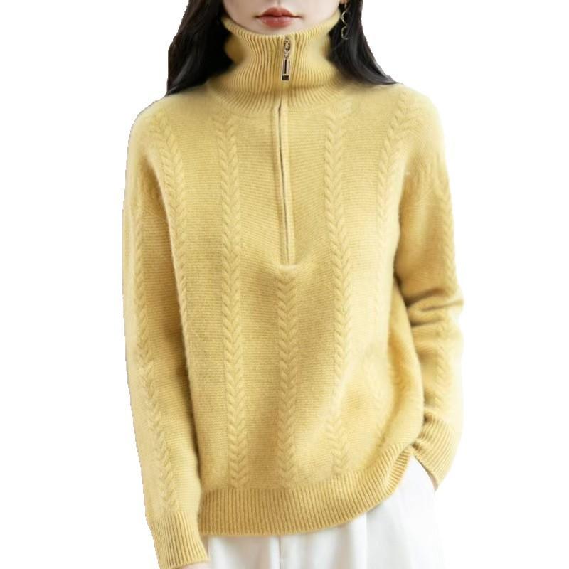 Womens Oversized Chunky Knit Turtleneck Zipper Sweater Soft Wool Pullover Winter Casual Top