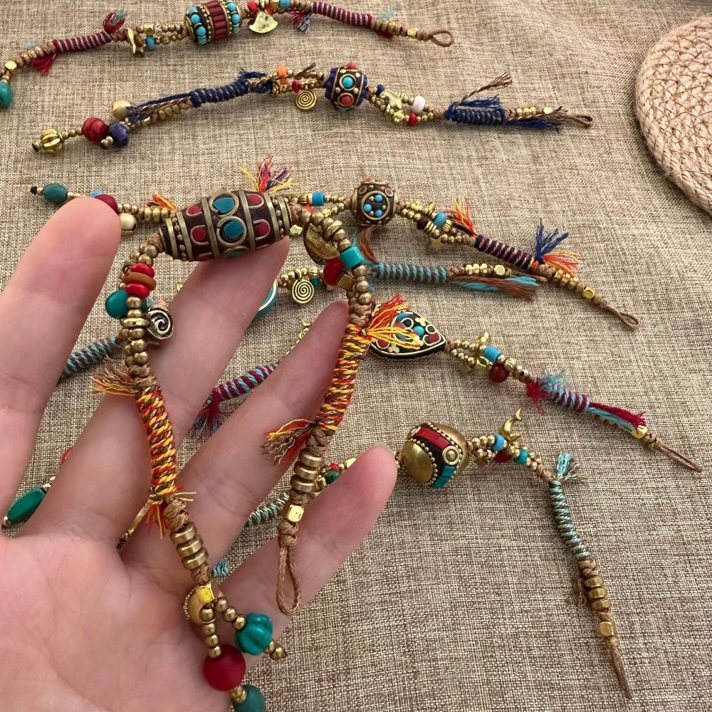 Регулируемый плетеный браслет из вощеного шнура с медными бусинами, плетеный браслет в древнем стиле, этнический браслет для девочек