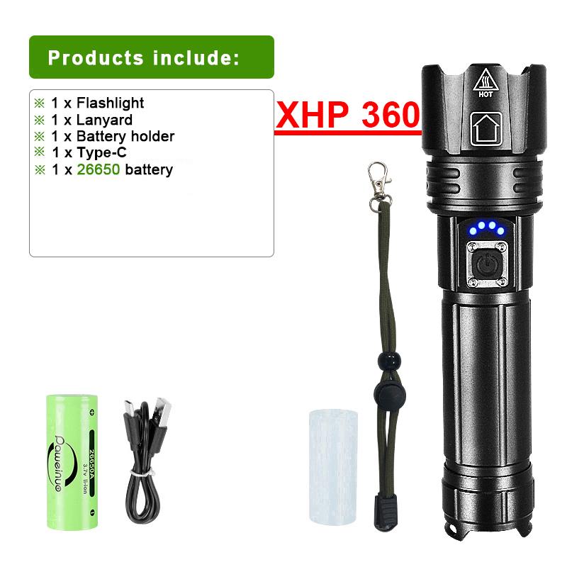 XHP360 Super High Power Flashlight Waterproof Outdoor Flashlight Long Range Zoom Torch Light