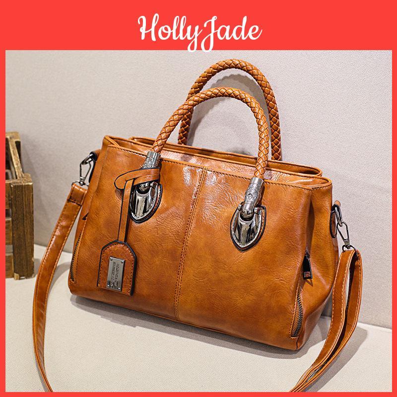 Кожаное масло Европейский вощеный винтажный женский handbag Большая вместимость Много отделений Новая мода Сумка на плечо и через плечо