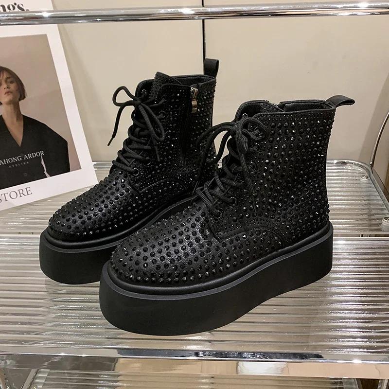 Fashion Luxury Crystal Platform Ankle Boots Flats Women Shoes Winter Sneakers 2025 Trend Designer New Chelsea Boots Elegant Botas Mujer