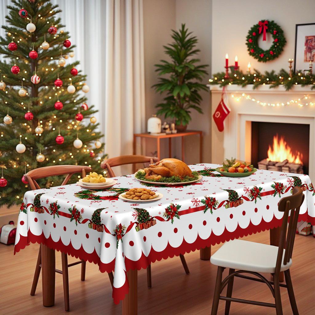 Christmas, Snowflake Christmas Tree Wreath, Red Tablecloth, Waterproof Leave-In, Home Hotel Holiday Decoration Tablecloth
