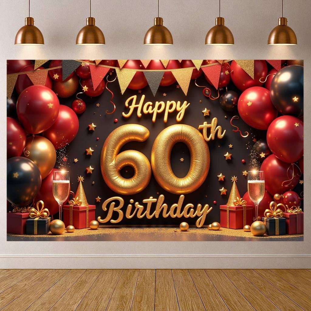 Фон для 60-летия Блестящее золотое покрытие Баннер «Счастливого 60-летия» Фотозона для дня рождения Элементы в виде бокалов для шампанского
