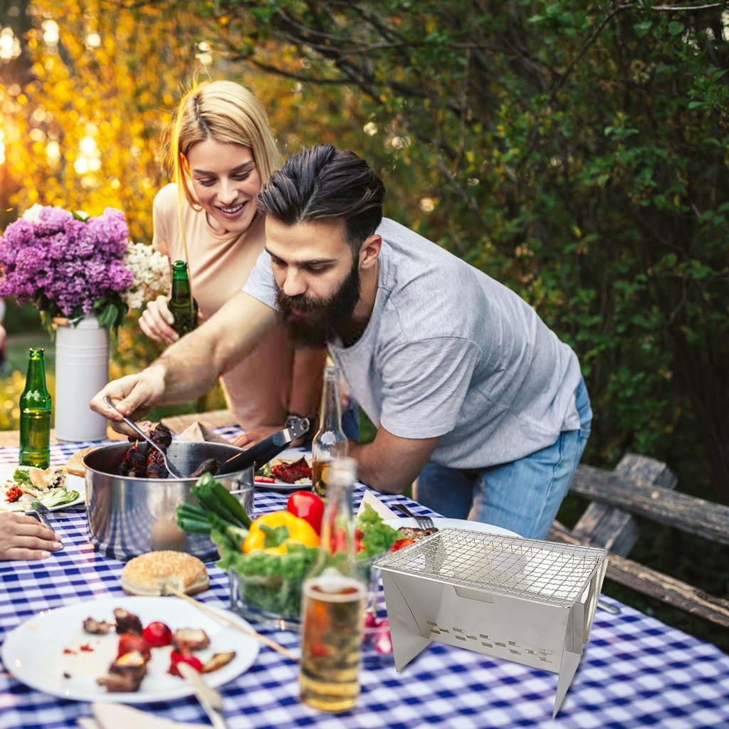 Portable Mini Charcoal Grill Stainless Steel Foldable Compact BBQ Barbecue Stove with Removable Cooking Grid for Outdoor Camping