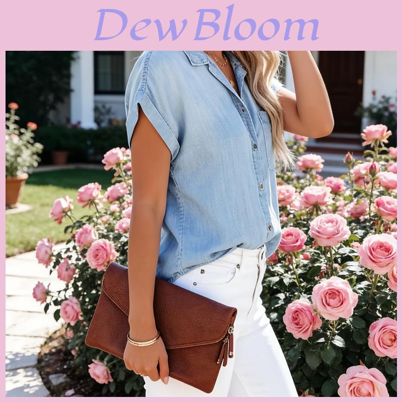 Denim Shirt For Women With Turndown Collar Short Sleeve Casual Summer Top
