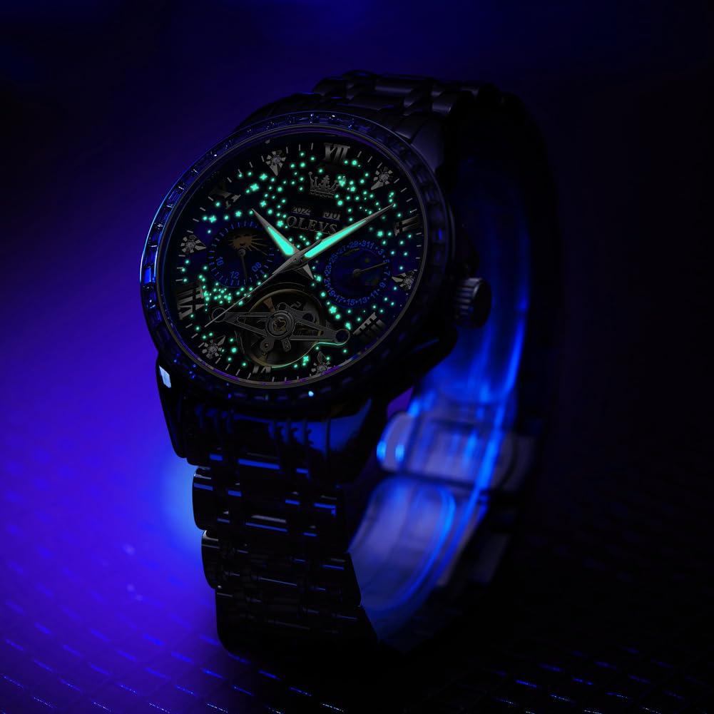 OLEVS автоматические часы механические скелетонированные бриллианты популярные звездное небо водонепроницаемые светящиеся часы для мужчин из нержавеющей стали стильные брендовые синие мужские
