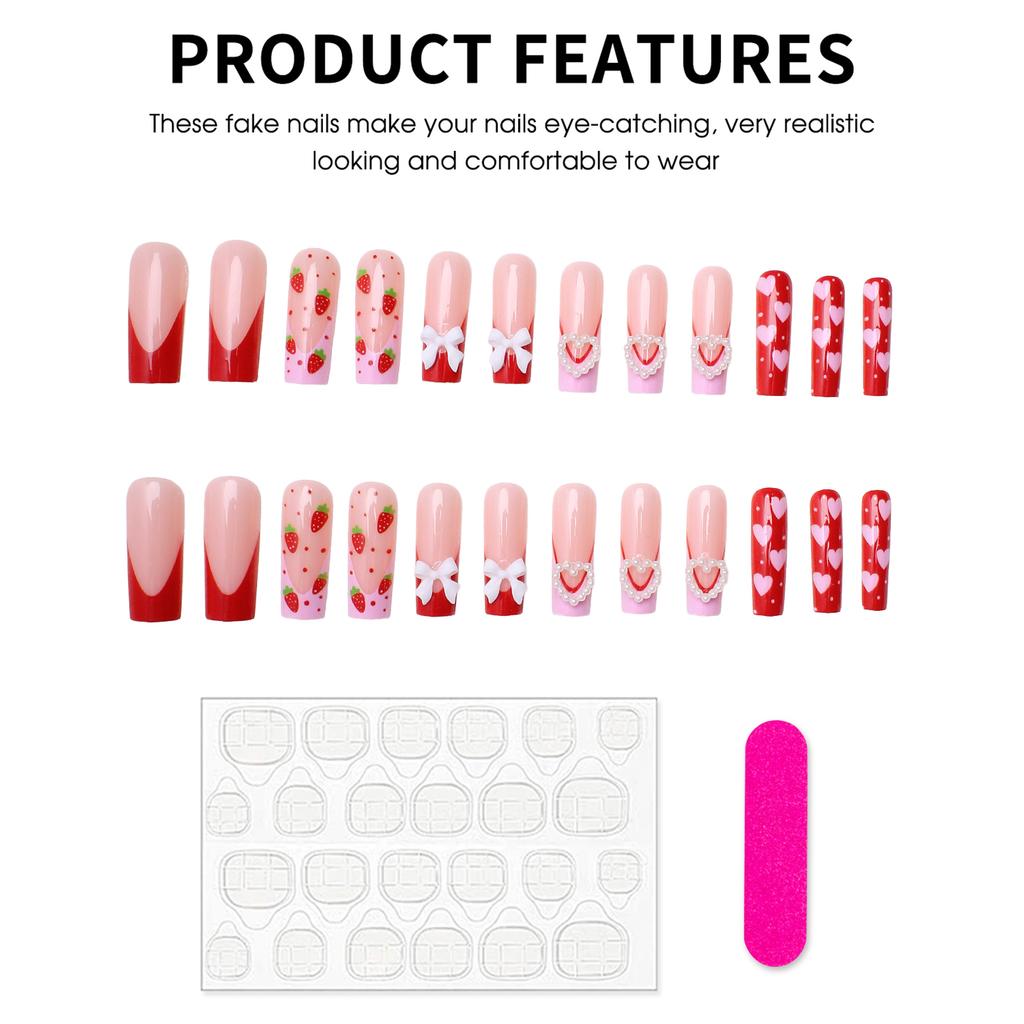 Pink Heart Strawberry Design Press On Nails 24Pcs French Style Lightweight Comfortable Wear For Woman