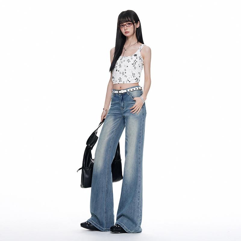 American retro lace waist brand medium and low waist thin washed white pleated micro-horn jeans women