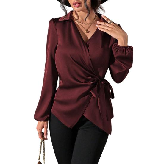 Женская рубашка с лацканами, длинным рукавом, боковой шнуровкой на талии, топы-рубашки, облегающий крой, однотонная, рубашка для офисной леди, одежда для вечеринок, отпуска