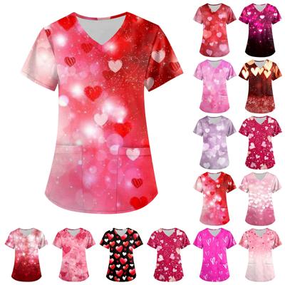 Женская мода, рабочая одежда с v-образным вырезом, короткими рукавами и карманами, топы с принтом ко Дню святого Валентина
