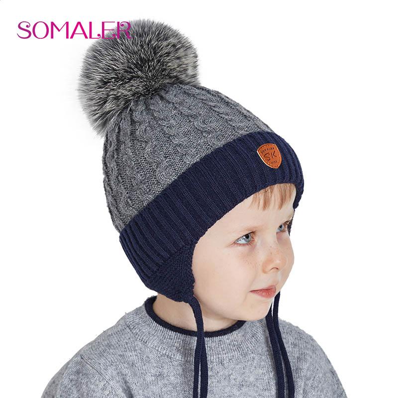 SOMALER Winter Baby Hat Real Fox Fur Pom Hat Knitted Boy Cap Cotton Earmuff Hat WarmThick Kid Beanie