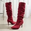 Lucyever Большие размеры Красные сапоги до колена Женские Осенние Новые Искусственные Замшевые Высокий Каблук Длинные Лодочки Mujer Плиссированные Сапоги Без Застежек Для Женщин