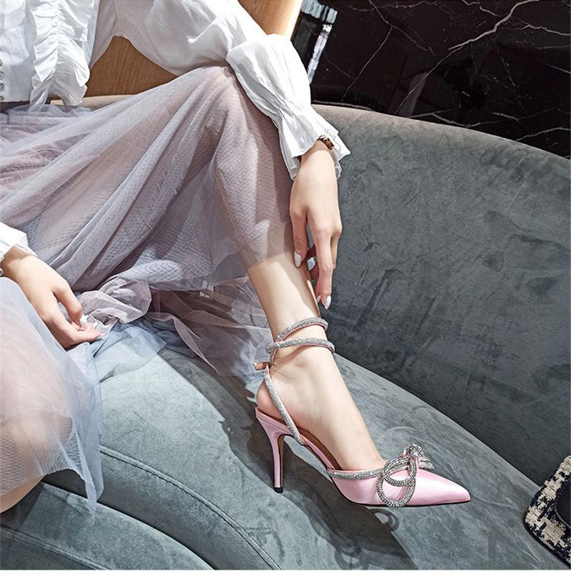 Aneikeh 41 42, женские туфли-лодочки в стиле ПВХ с блестящими стразами, атласные женские шелковые туфли на высоком каблуке с кристаллами и бантом, новинка весны 2023