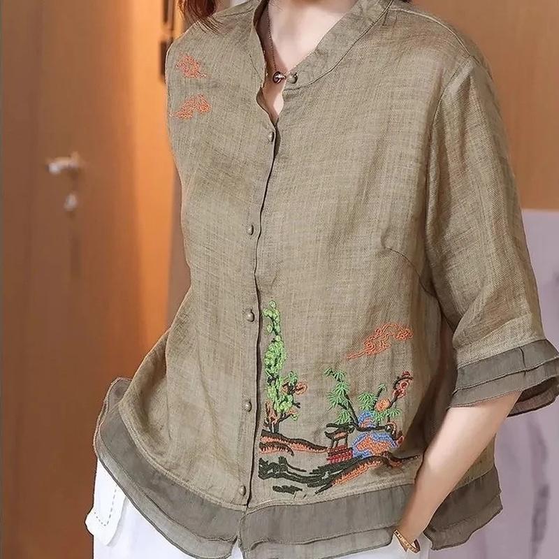 Tree Embroidery Shirt Coffee Green Spring Fall Women Tops Ruffle Sleeve Buttoned Cotton Linen Blouse