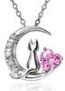 Cubic Zirconia Silver SV925 Cat Moon Heart Necklace for Women [Petit Chaton] (2-01 Silver-Pink)