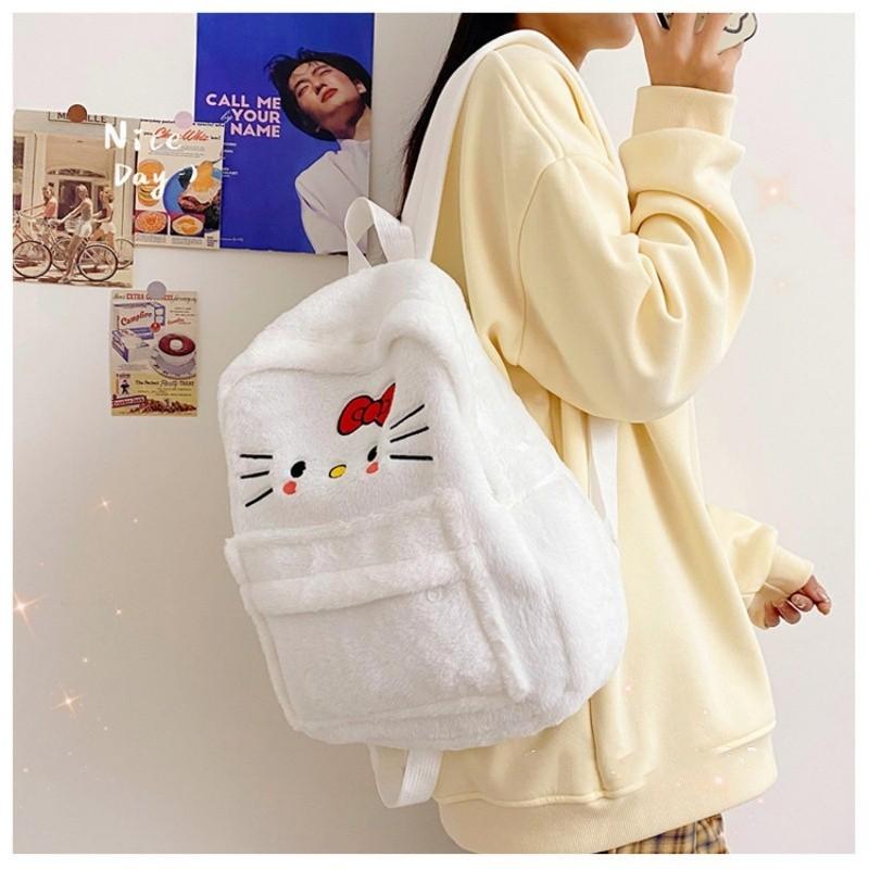 Милый Мультяшный Плюшевый Рюкзак на Молнии Hello Kitty Уличный Стиль Нейлоновый Материал