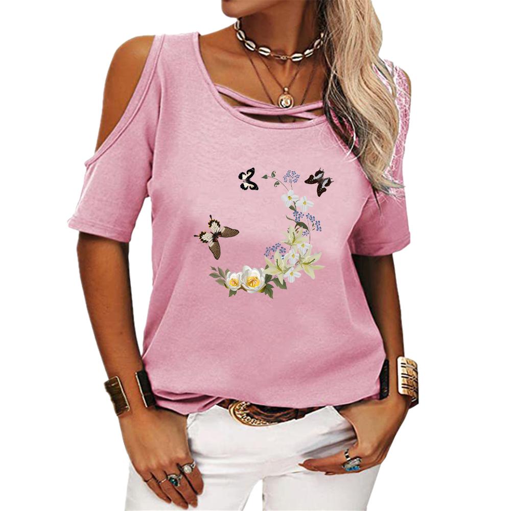 Women Fashion Round Neck Short Sleeve Top Ladies Summer Casual Off Shoulder Floral Printed T-shirt