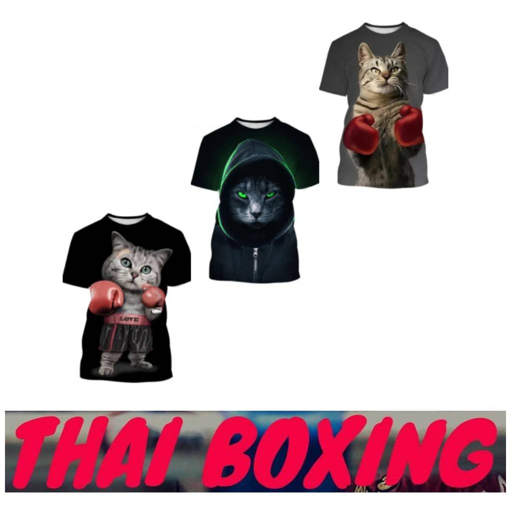 Muay Thai Kick Boxing Cat T-shirt Unisex Women Men 3D Print Kids Tops Tee Shirts