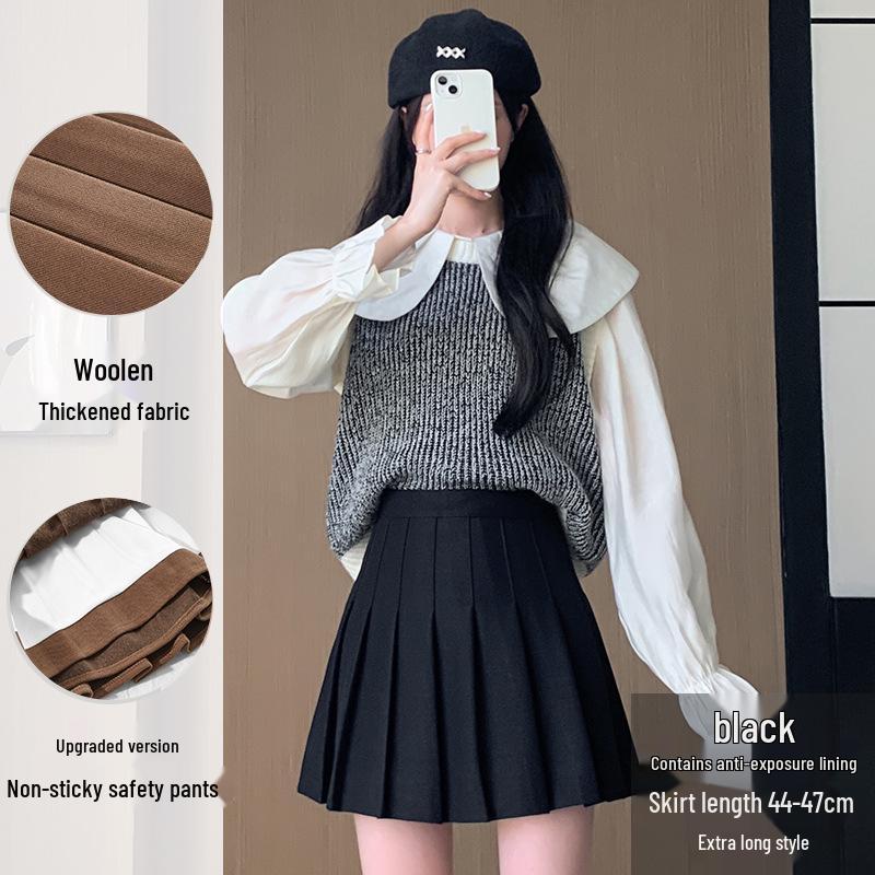Юбка А-силуэта с высокой талией, плиссированная, шерстяная - Женская осенне-зимняя, прилегающего кроя, больших размеров, в корейском стиле, короткой/миди длины.