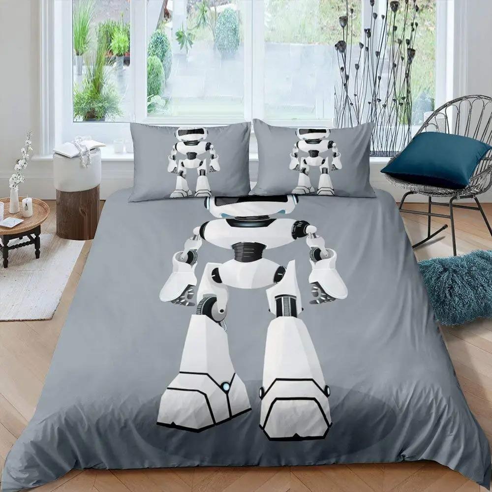 Boys Cartoon Robot Rocket Duvet Cover King Queen Size,Kids Spaceship Bedding Set 3Pcs Starry Galaxy Universe Planet Quilt Cover