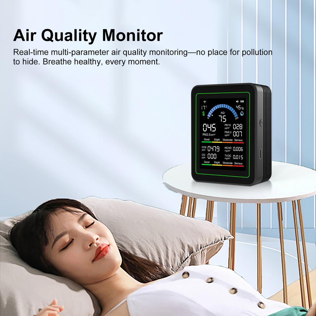 Детектор качества воздуха 10-в-1, 2,8", CO2, Формальдегид, PM2.5, TVOC, Температура, Влажность, Зарядка Type-C, для дома и офиса