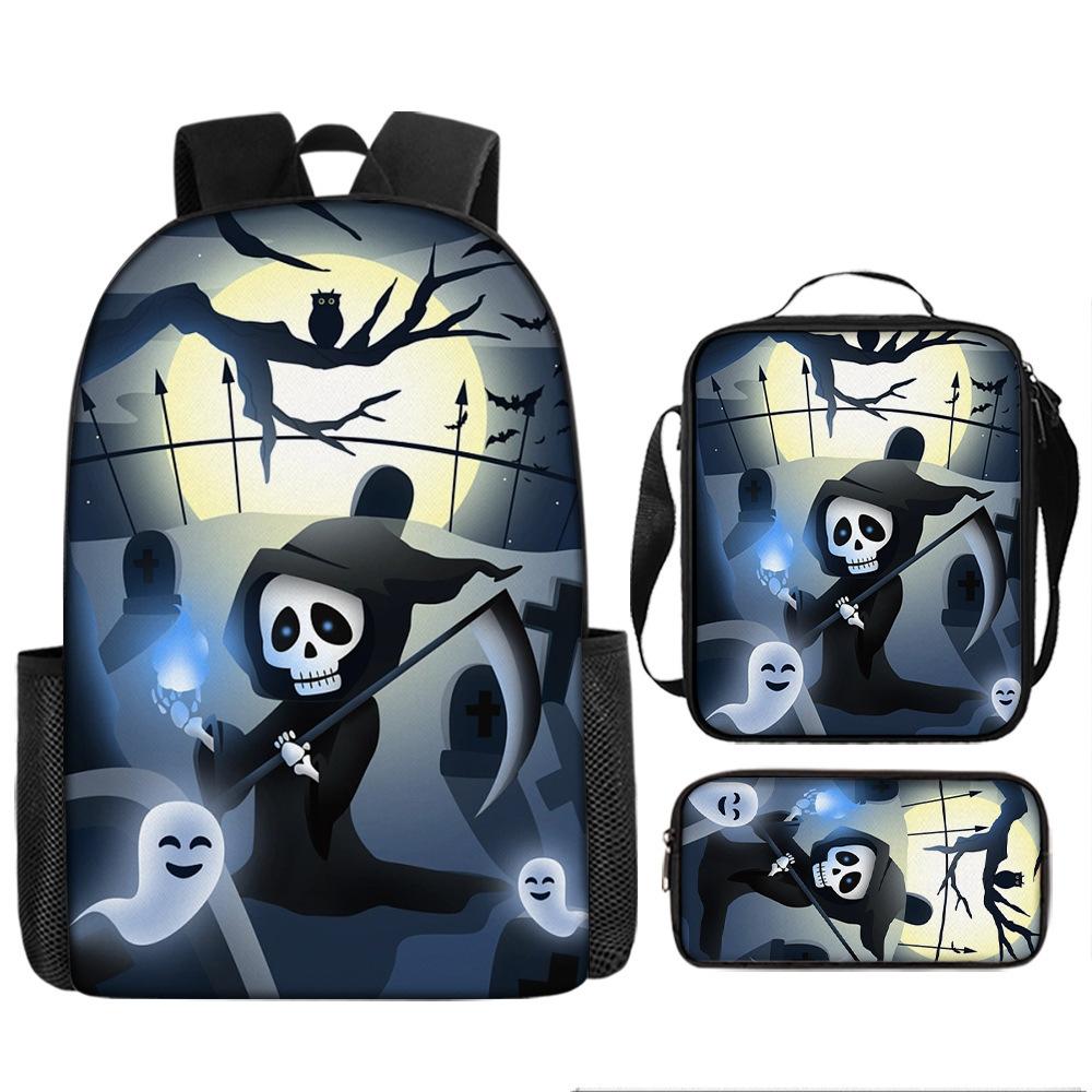 Halloween Backpack Pumpkin Ghost 3-Piece Set Schoolbag Kids Shoulder Bag Cute Bookbag for Boys Girls