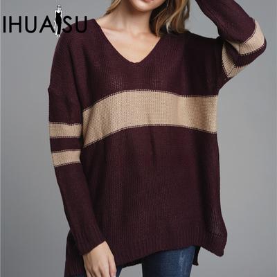 Женский осенне-зимний свитер свободного покроя с V-образным вырезом в полоску