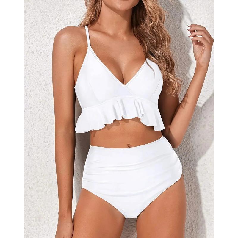 Купальник бикини с высокой талией, однотонный, раздельный дизайн, отделка краем в виде листьев, китайский бренд, модный женский купальник
