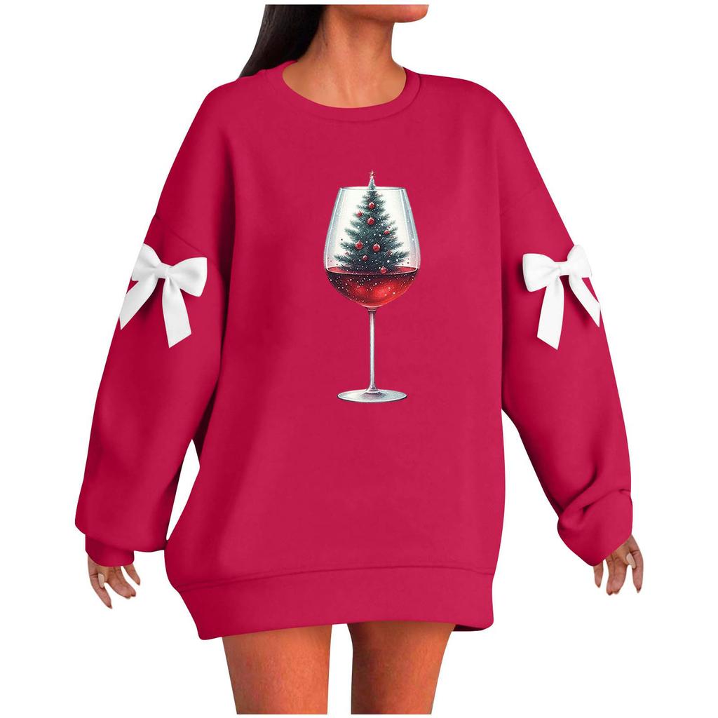 Ladies' Christmas Printed Bow Round Neck Long Sleeved Loose Pullover Sweater Sweatshirt Top