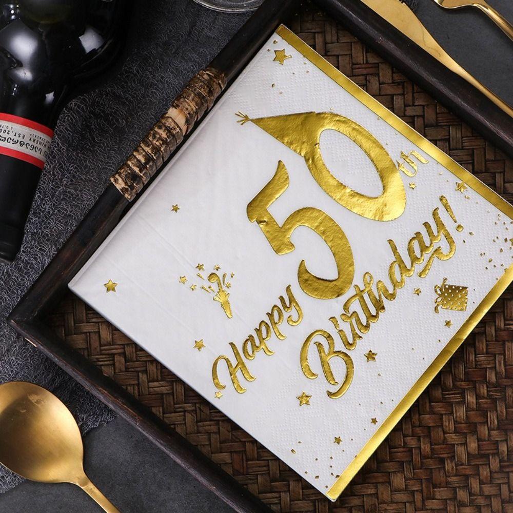 White And Gold Design Happy Birthday Napkins Tissue Paper Napkins Birthday Party