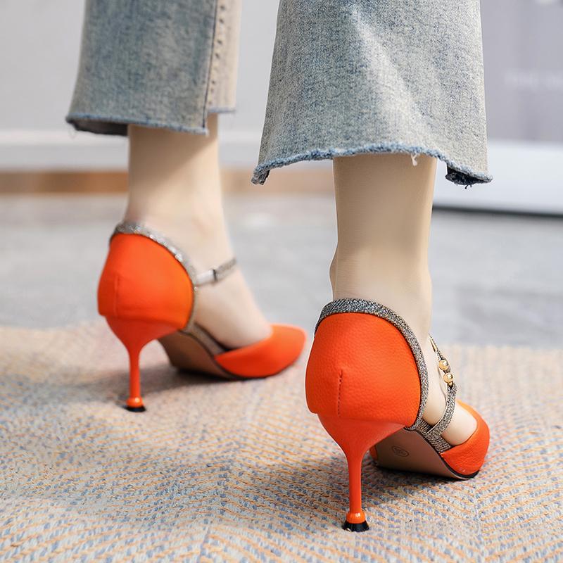 Fashion Mix Color Ankle Strap High Heels Shoes Women Pu Leather Thin Heeled Pumps Woman 2025 New Shining Patchwork Party Shoes